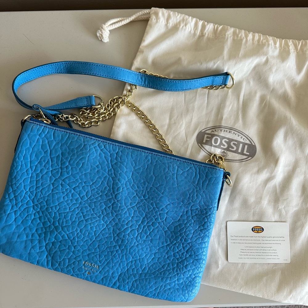 Fossil Genuine Leather Crossbody/Shoulder Bag – Bright Blue with Gold Chain
